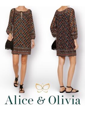 Alice + Olivia Black Rainbow multi Embroidered Retro Mod Shift Mini Dress Small
